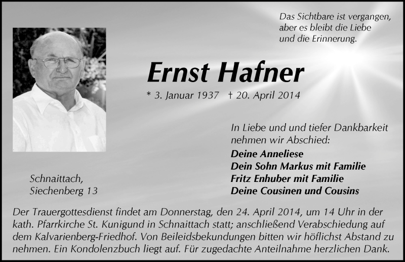  Traueranzeige für Ernst Hafner vom 22.04.2014 aus Pegnitz-Zeitung